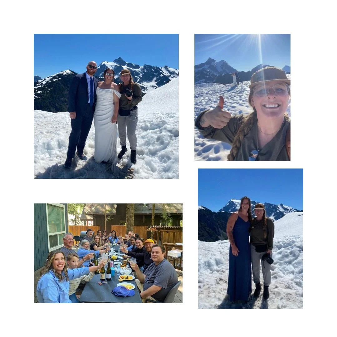 A collage of four photos featuring a family and friends in snowy mountain scenery and at a backyard gathering. The first photo shows three people in formal attire standing on snow with snow-capped mountains in the background. The second photo is a selfie of a smiling woman giving a thumbs up, wearing glasses and a hat, with mountains and snow in the background. The third photo depicts a large group of people seated at a long outdoor table, enjoying a meal in a backyard setting. The fourth photo shows two women, one in a blue dress and the other in casual clothing, standing on snow with mountains in the background.