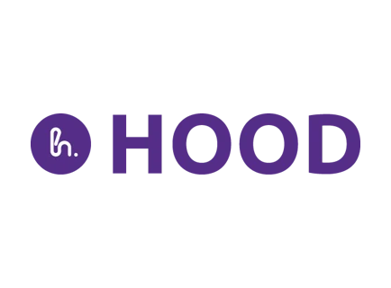 hood logo with a purple background and white text