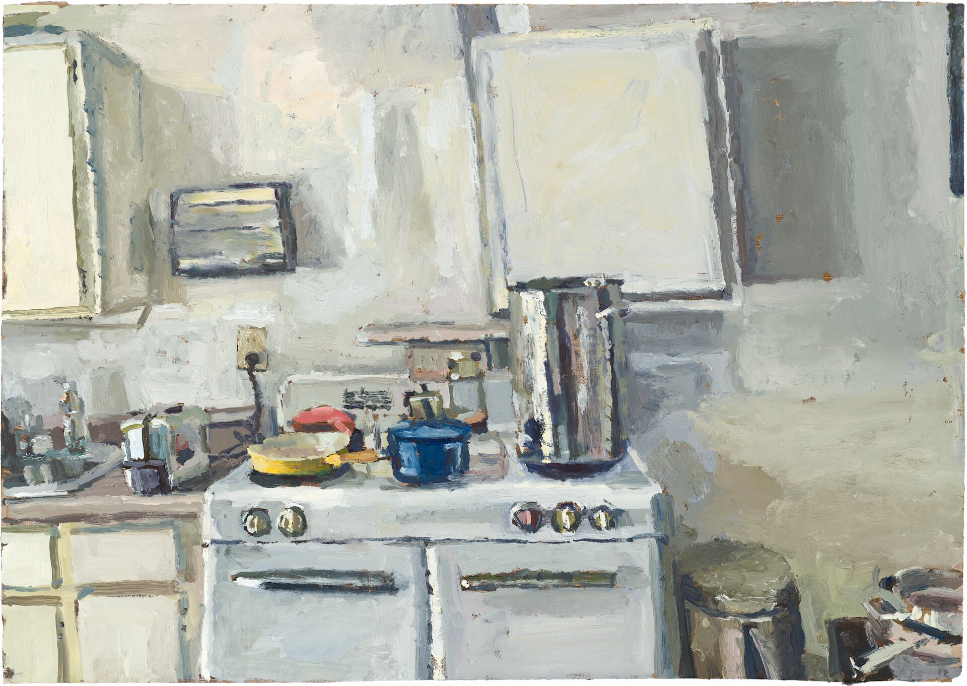 Kitchen with blue yellow and red arrangement 