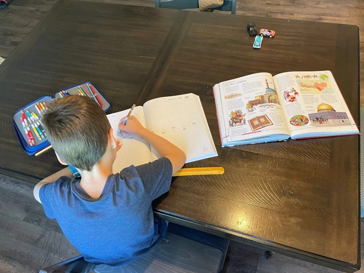 A young boy coloring an image for a timeline while looking at the Usborne Encyclopedia of World History