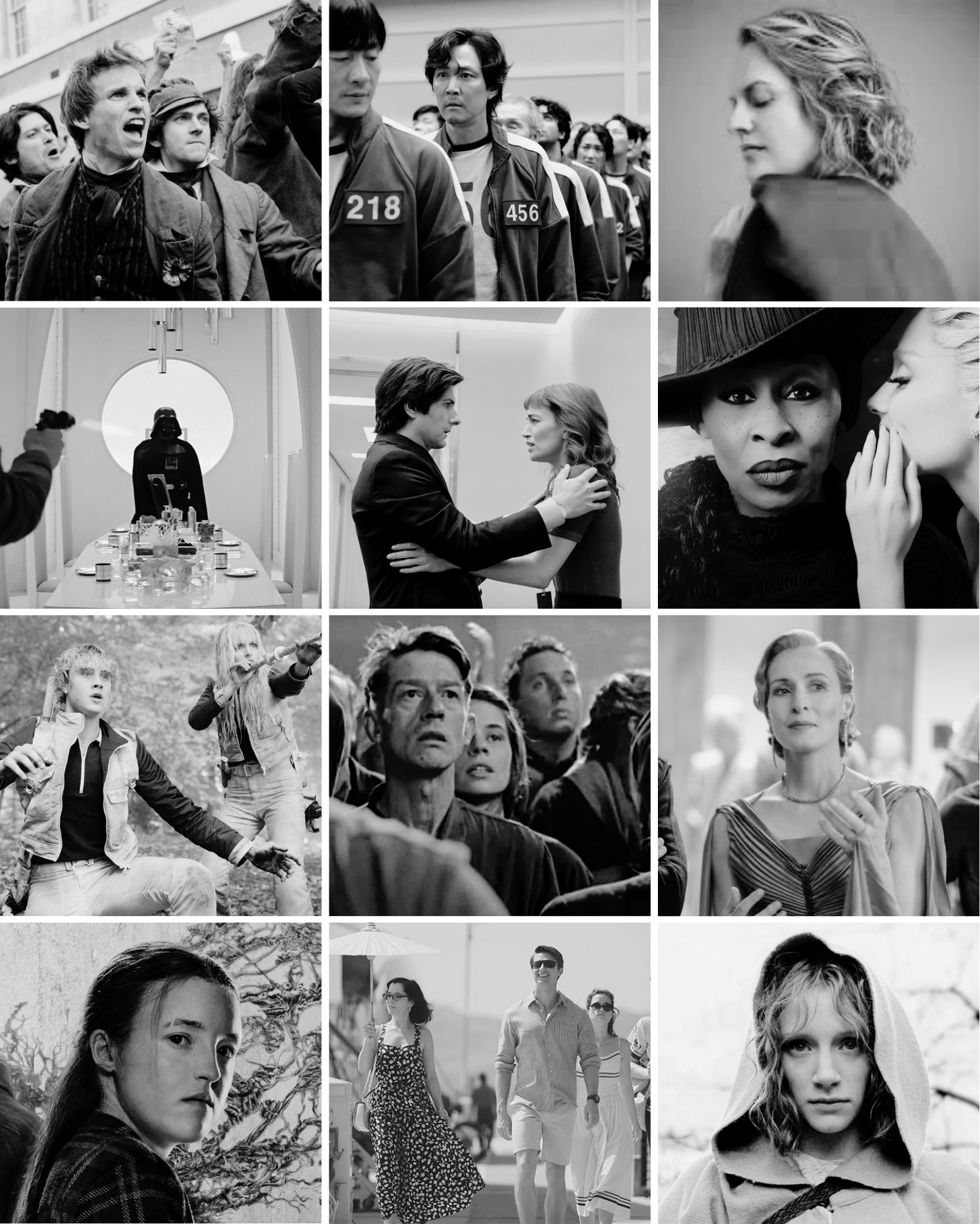 A collage of black and white images depicting various people in different settings including protests, conversations, and everyday activities.
