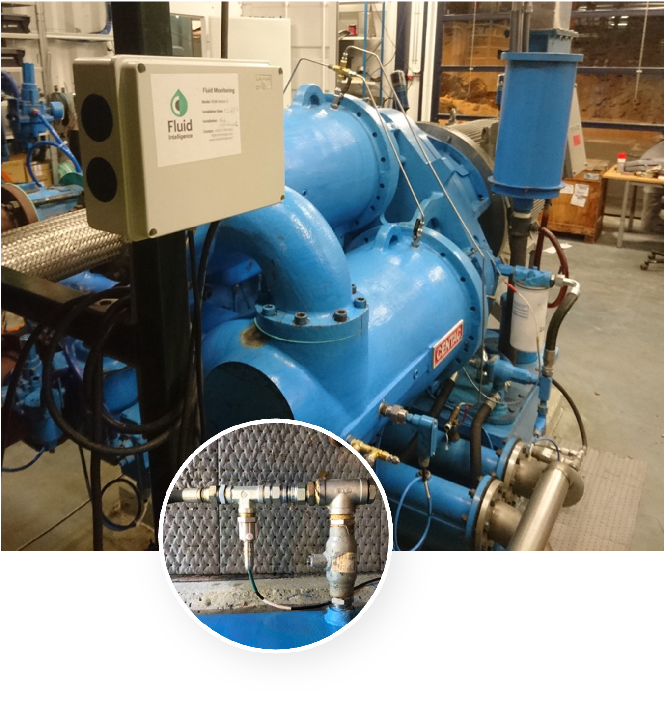 An oil condition monitoring sensor and data transmission unit connected to a gas compressor