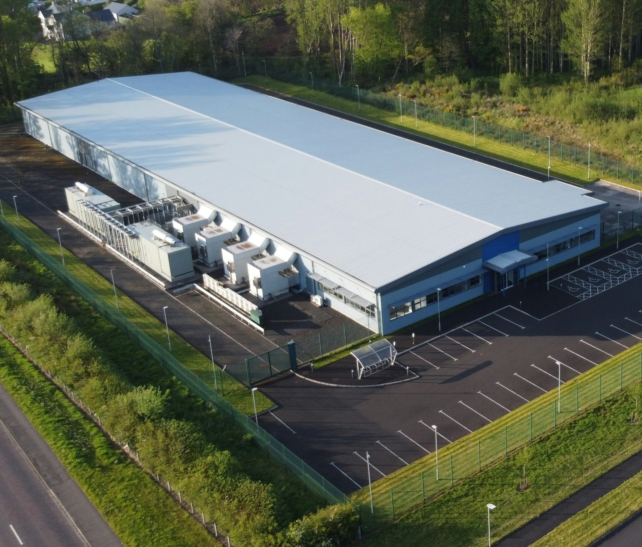 Data center from outside with cooling and backup power units