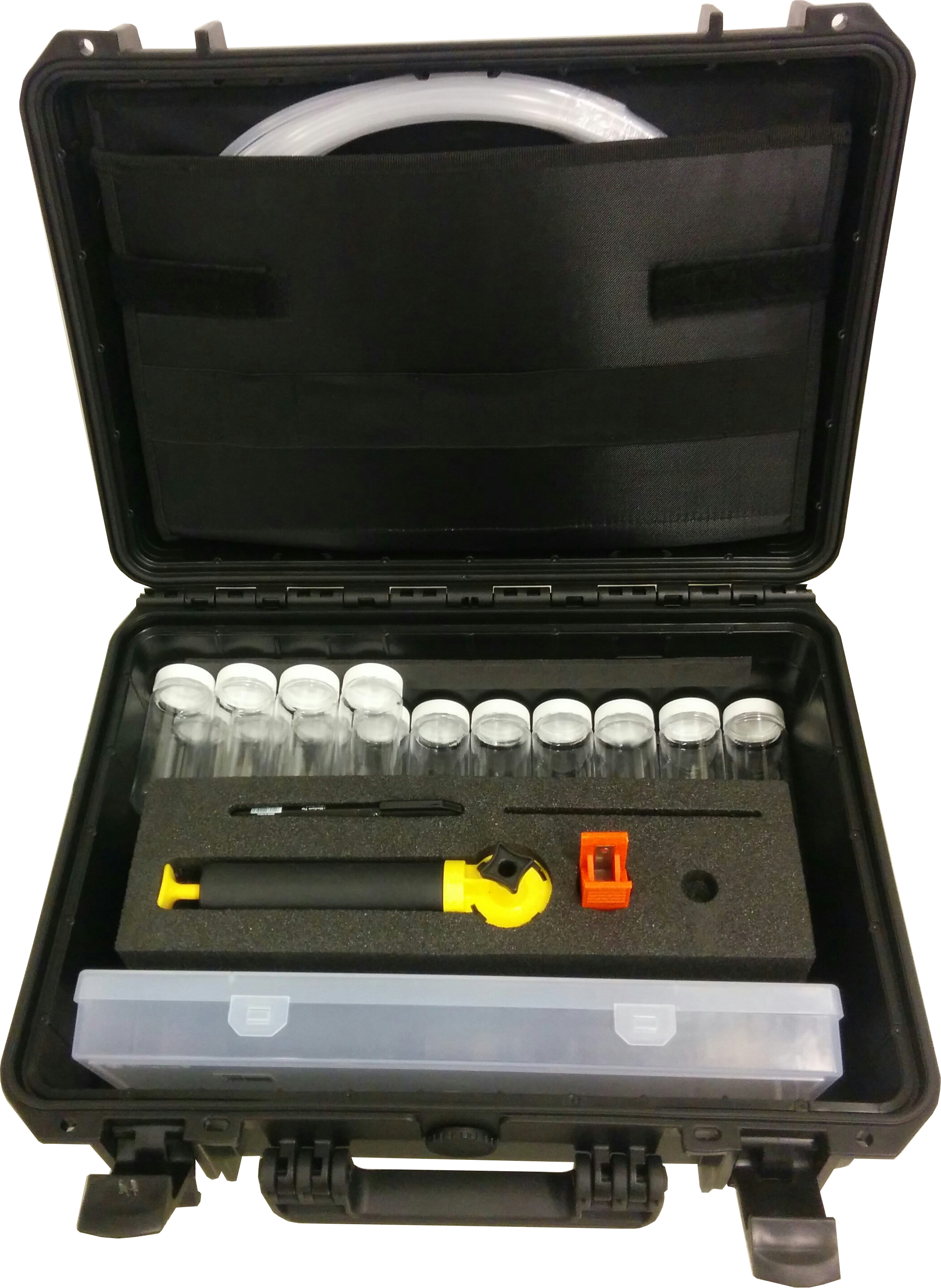 Oil sampling kit in a black suitcase - vacuum pump, sampling bottles, hoses