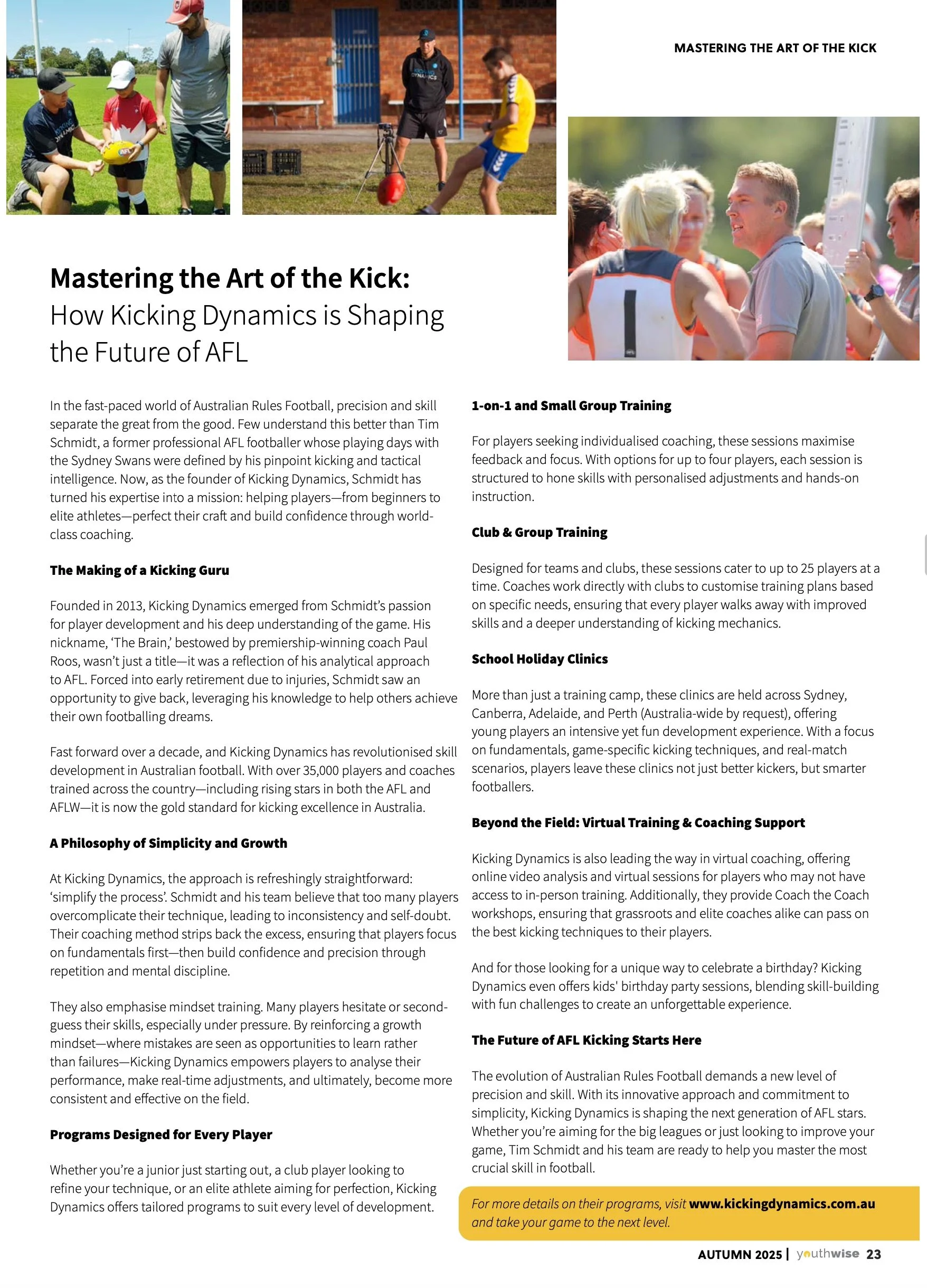 Kicking Dynamics Featured in Youthwise for Its Impact on AFL Skill Development