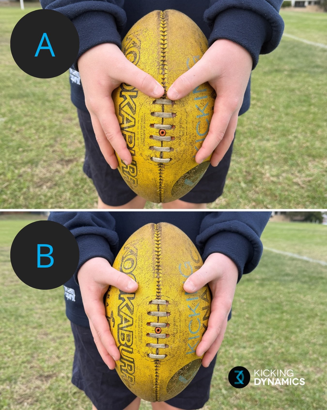 Hand grip on the ball closer (A) or wider (B)? 🤔 

We find that B (wider) has the best grip and control on the ball as it covers more surface around the side of the ball. The better grip and control they have, the more consistent their ball drop is.
