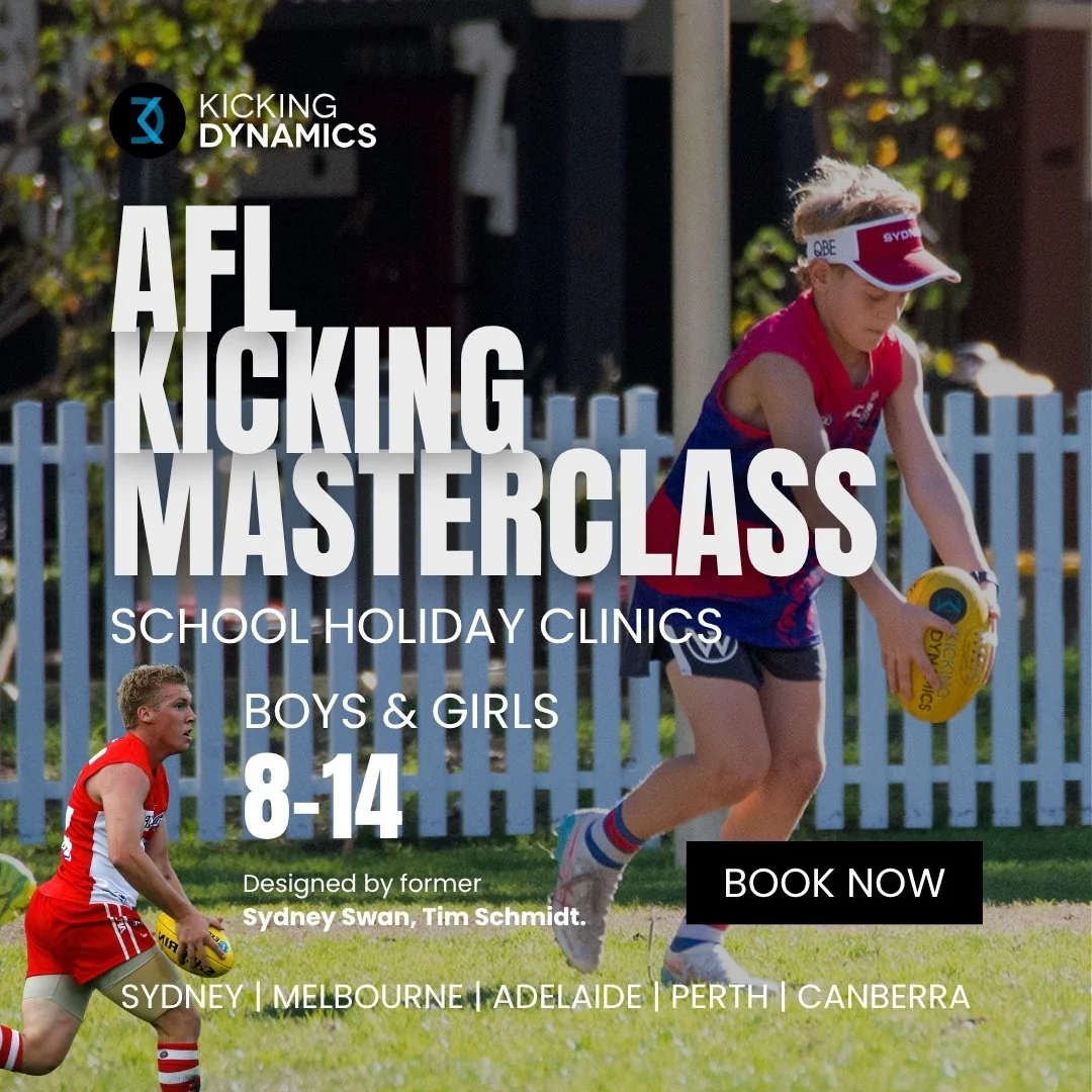 Dates have just been released for our upcoming school holiday AFL Kicking Masterclass Clinics!

🚨 $20 EARLY BIRD DISCOUNT! Book by September 9 and use code EARLYBIRD to save $20! 🏉🔥

We&rsquo;re heading to Sydney, Canberra, Adelaide, Melbourne &am