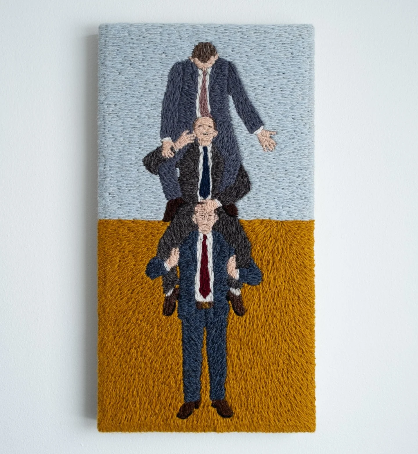 Three Stacked Men
wool embroidery on linen canvas mounted on wooden frame
38x20,5 cm
2026

Now on view at @k.u.k_ungkunst in the exhibition Menn I Dress that is open until 24.5.2026
