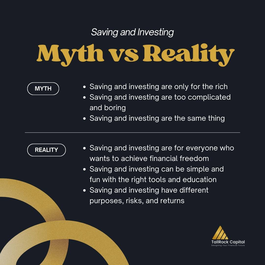 Saving and investing are for everyone who dreams of a financially secure future.

No matter where you're starting, there are tools and resources to make it easy and even fun.

Get the facts, not the fiction! 

#tallrockcapital #savings #investing
