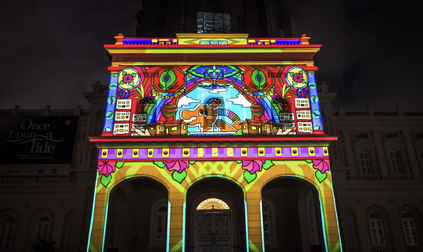 A vibrant neon light installation outdoor display along the Bras Basah heritage night trail.