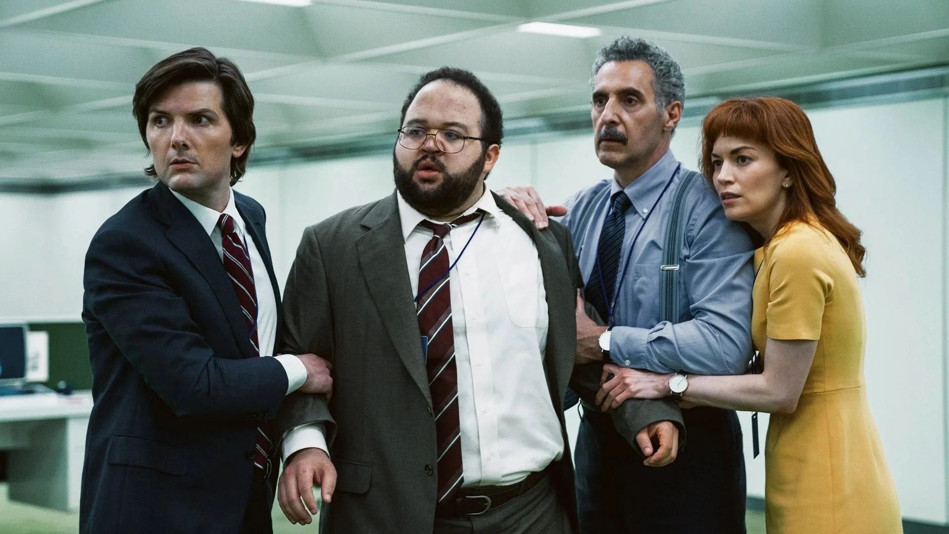 A cold, minimalist office setting representing Lumon Industries in Severance and the extreme separation of work and life.