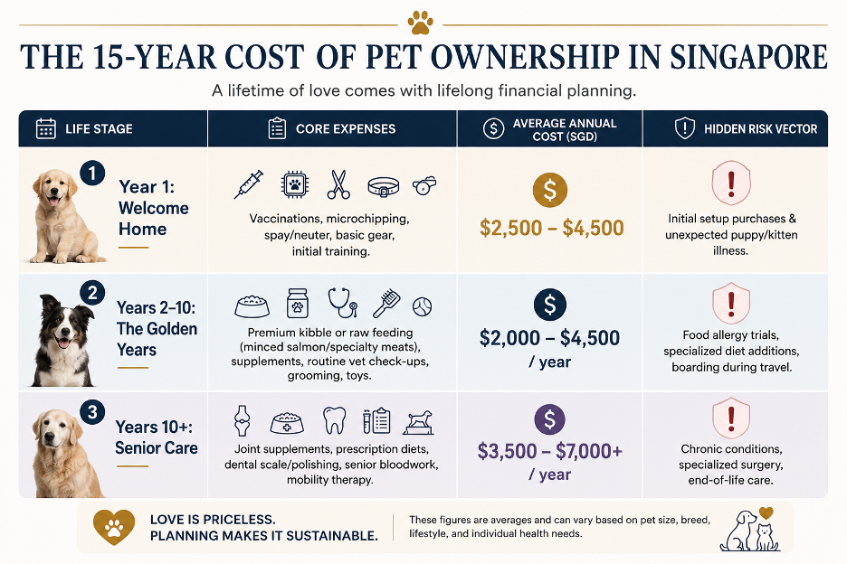 Infographic showing the lifetime cost breakdown of pet ownership in Singapore from first-year setup to senior pet care.