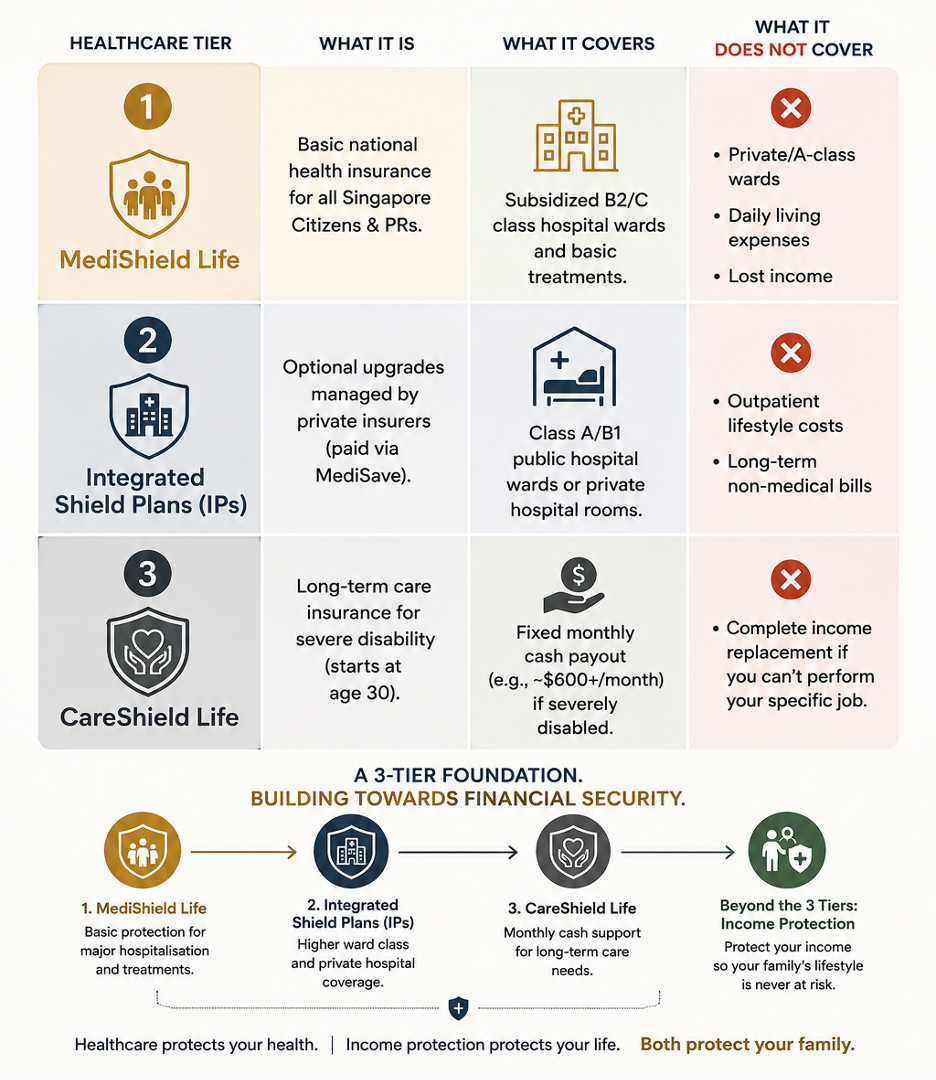 Infographic showing the three tiers of Singapore healthcare protection including MediShield Life, Integrated Shield Plans, and CareShield Life.