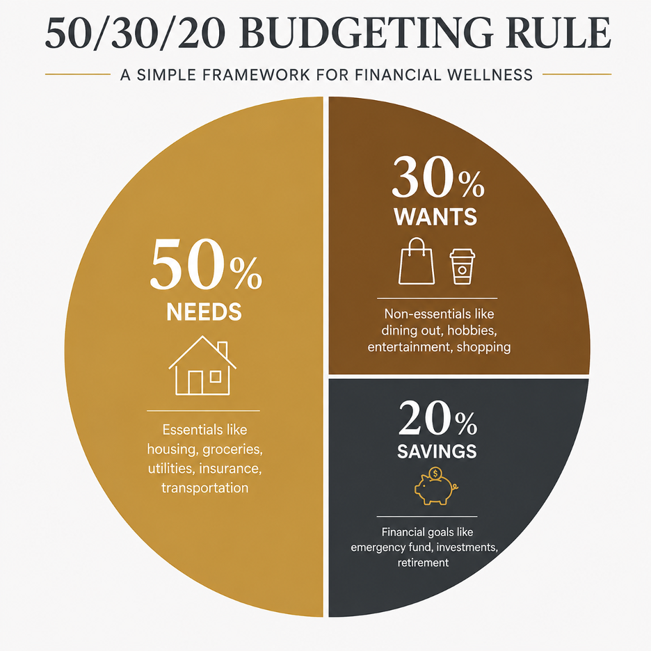 A practical budgeting pie chart illustrating the 50 percent needs, 30 percent wants, and 20 percent savings framework for Singapore residents.