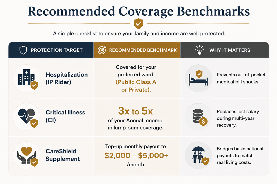 Checklist table detailing recommended coverage benchmarks for Singapore health insurance and income protection.
