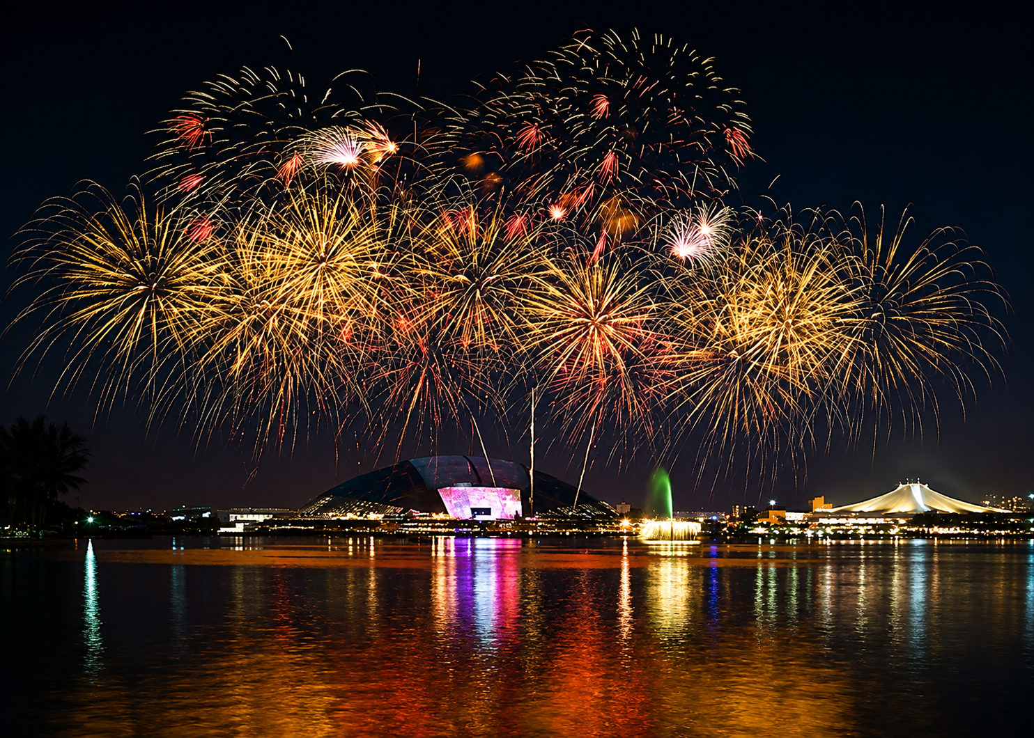 National Day fireworks illuminating the Kallang Basin and National Stadium waterfront during SG61 celebrations.