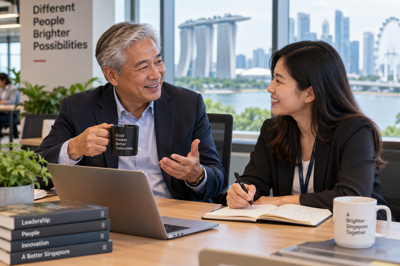 A senior professional comfortably engaging in mentorship in a modern Singapore workspace.