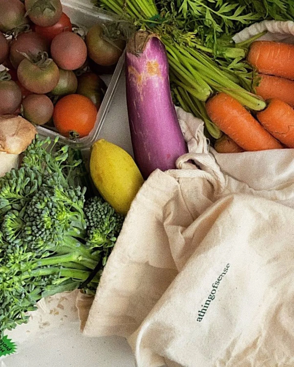 small bag, big plans. &amp; everything in between. ☀️ stay safe, stay fresh. &mdash; athingofsense.com/merch  #athingofsense ps. veg sold separately @bootlesmarket 📷: @sytytyt