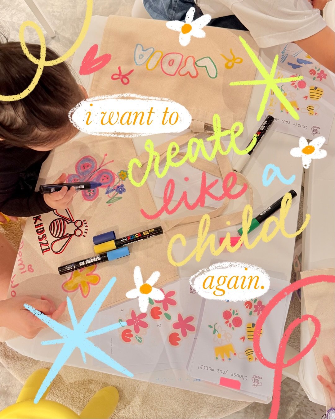 Last year I did a small workshop for @kids21, and it felt nice watching all the kids doodle on their totebags. It&rsquo;s moments like these that remind me to create for fun, to create for me!
&bull;
Art is never perfect, because art is never finishe