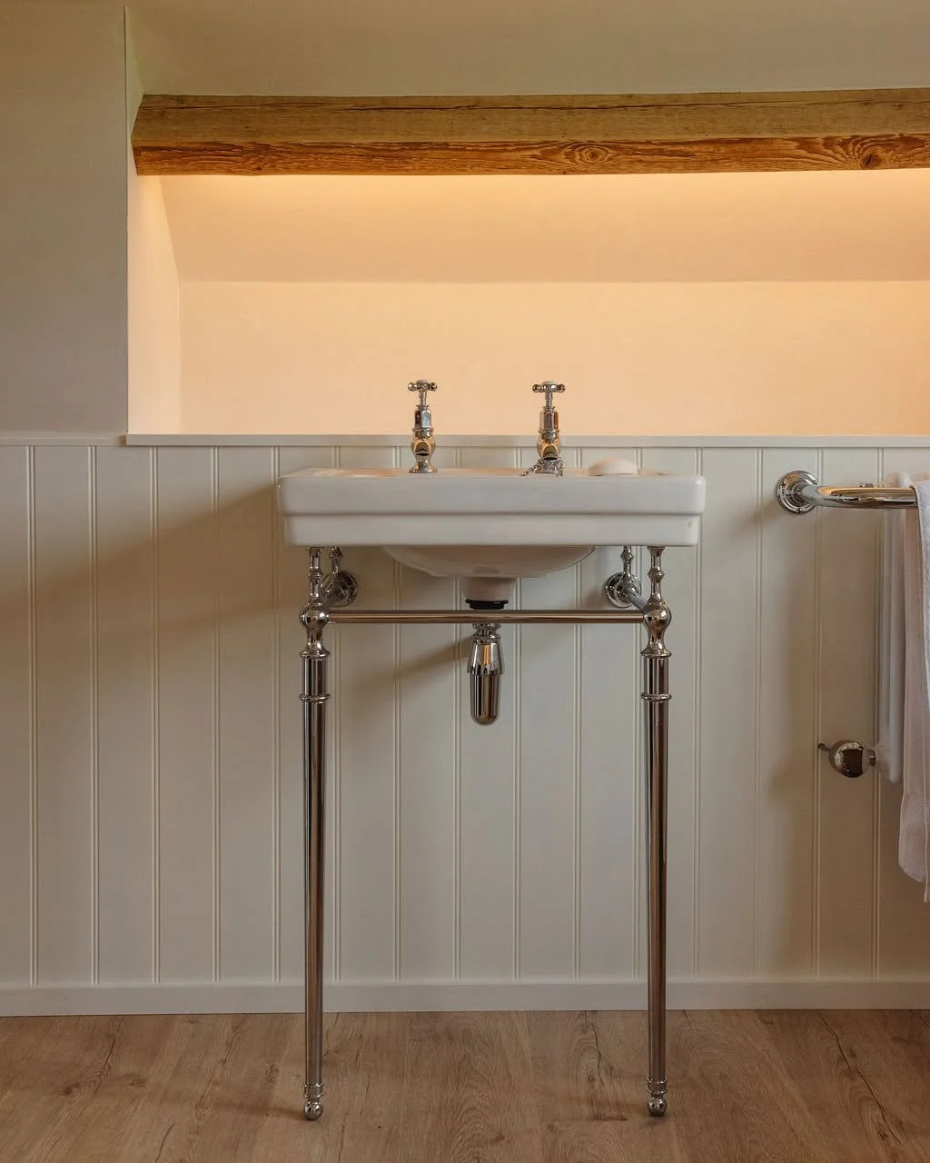It&rsquo;s easy to overlook the details that make a space function beautifully. 

At Lower Barn, the traditional basin style brings a timeless quality, while the warm timber beam above adds depth and reminds users of what the building used to be. Beh