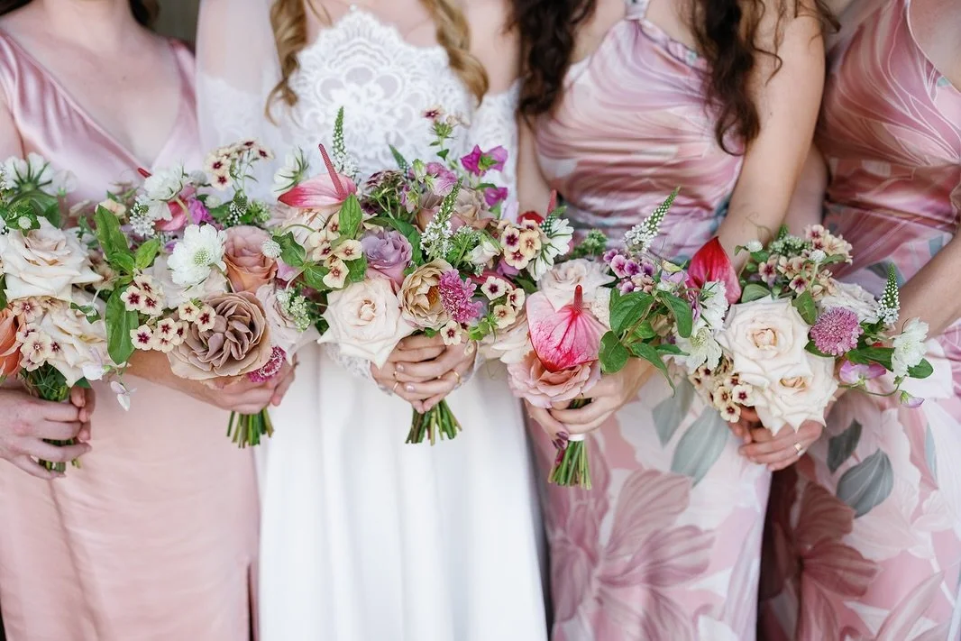 Soft, romantic and beautifully textural. These bouquets were all about bringing together dusky pinks, muted cappuccino tones and joyful pops of bright Pink, softened with Whites and Greens.

Roses and Anthiriums added the focal sculptural touch while