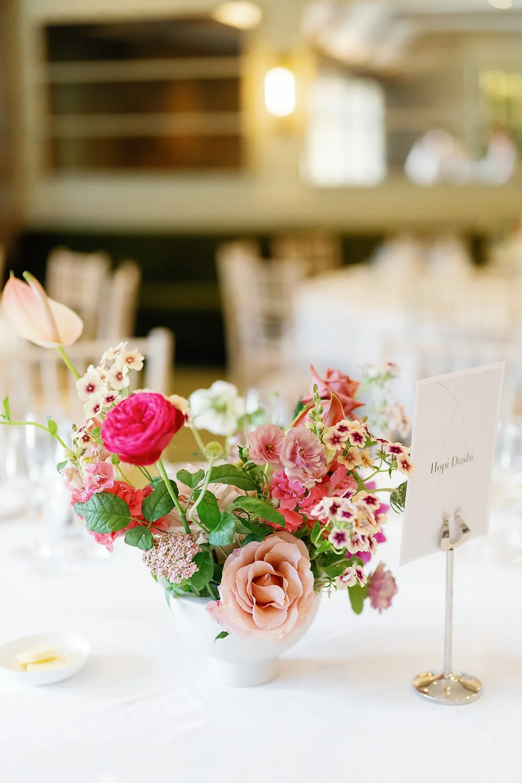Luxurious wedding table centrepiece at Castle Combe