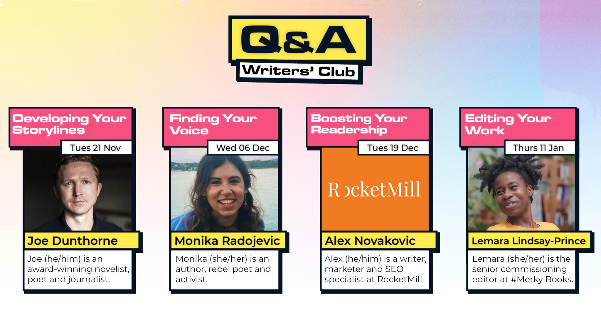 The Q&As were designed to help young people build their writing skills. Q&As were on developing storylines, finding a voice, editing, and SEO.