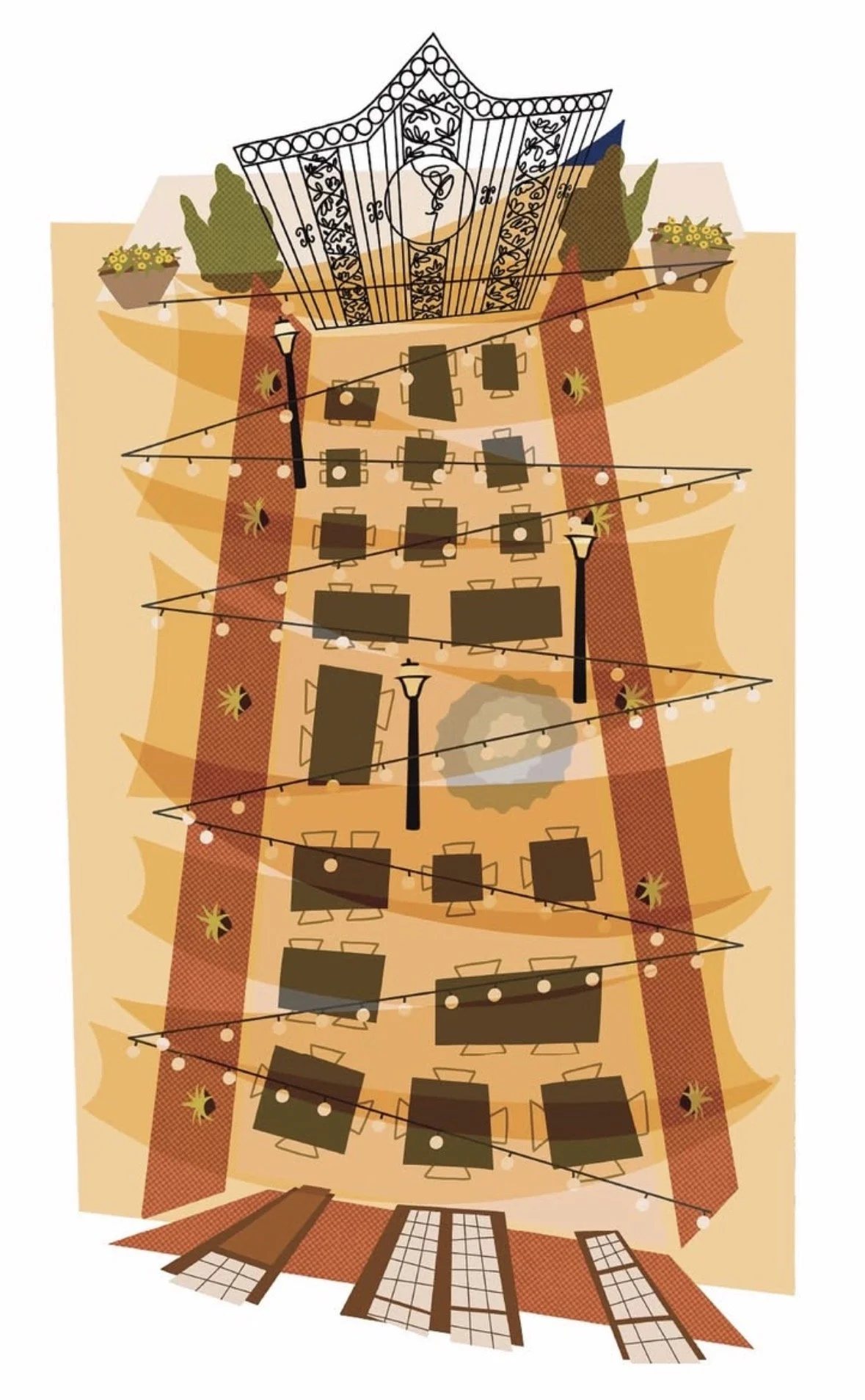 Illustration of a vertical outdoor patio with string lights, tables, street lamps, potted plants, and a decorative fence at the top.