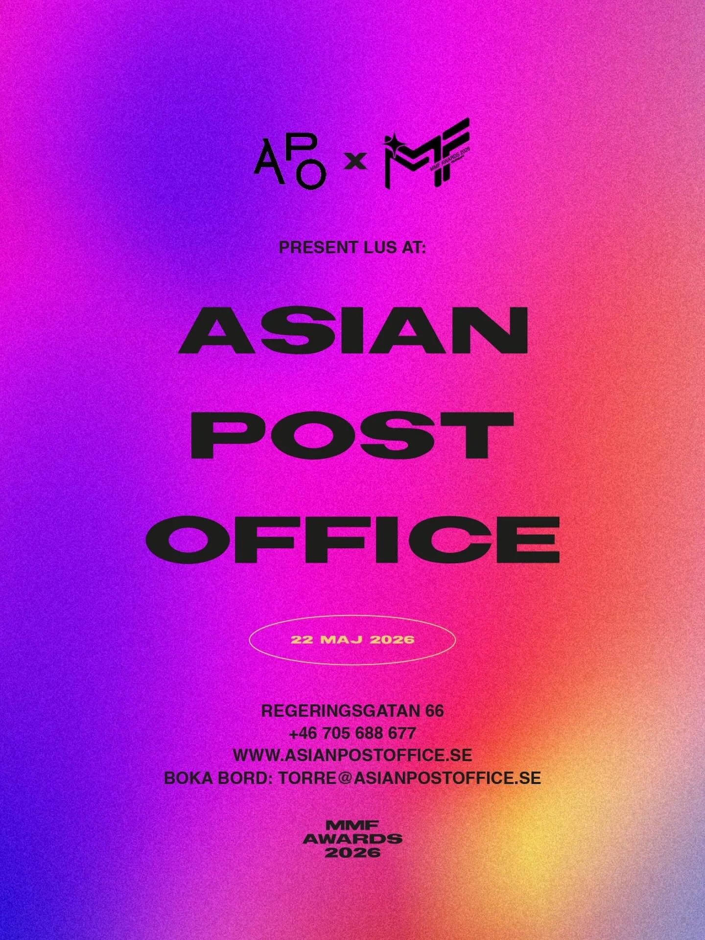 Efter galan forts&auml;tter vi p&aring; APO! Vi &auml;r stolta att kunna presentera LUS @ Asian Post Office - lunch, n&auml;tverk och f&ouml;rsommarfirande i gott s&auml;llskap! 
Efter MMF Awards 2026 g&aring;r vi tillsammans till Regeringsgatan 66 o