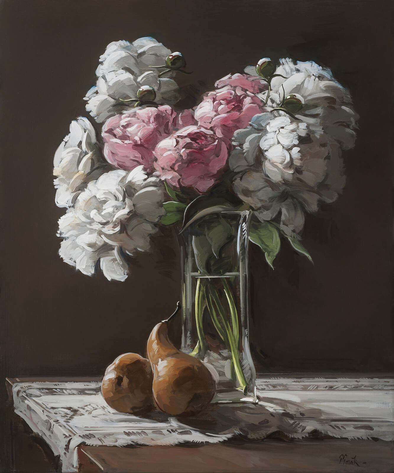 "Peonies and Pears" by Thomas Torak, 24" x 20", Oil on Linen