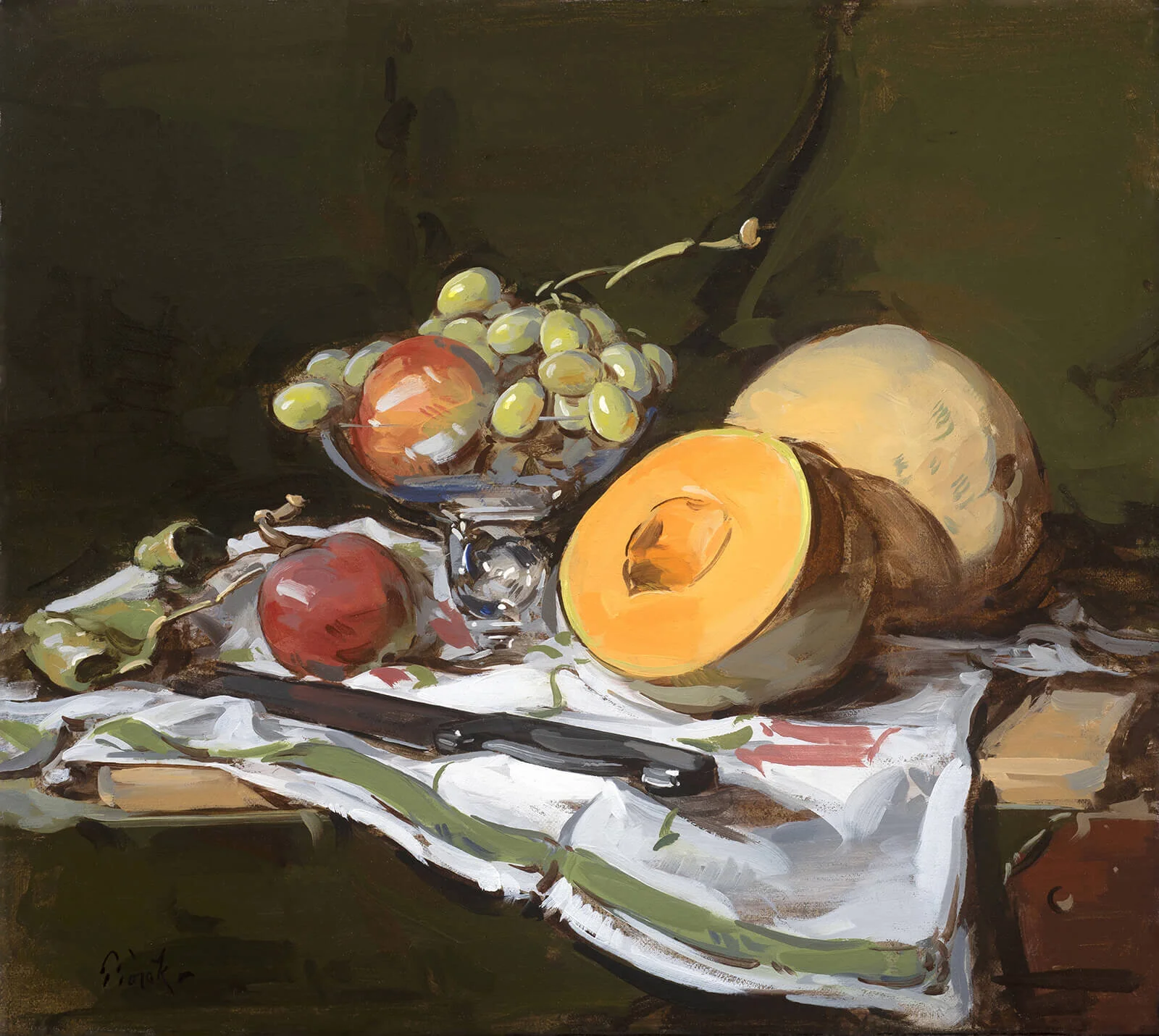 "Melons, Apples and Grapes" by Thomas Torak, 16" x 18", oil on linen