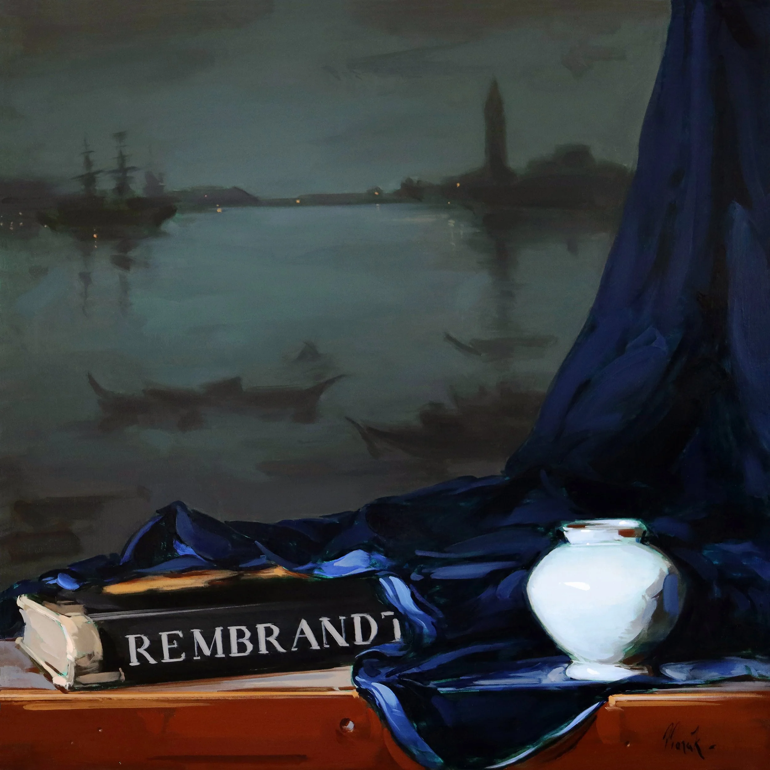 "Rembrandt, Whistler, Velvet, Vase" by Thomas Torak, 24" x 24", Oil on Linen
