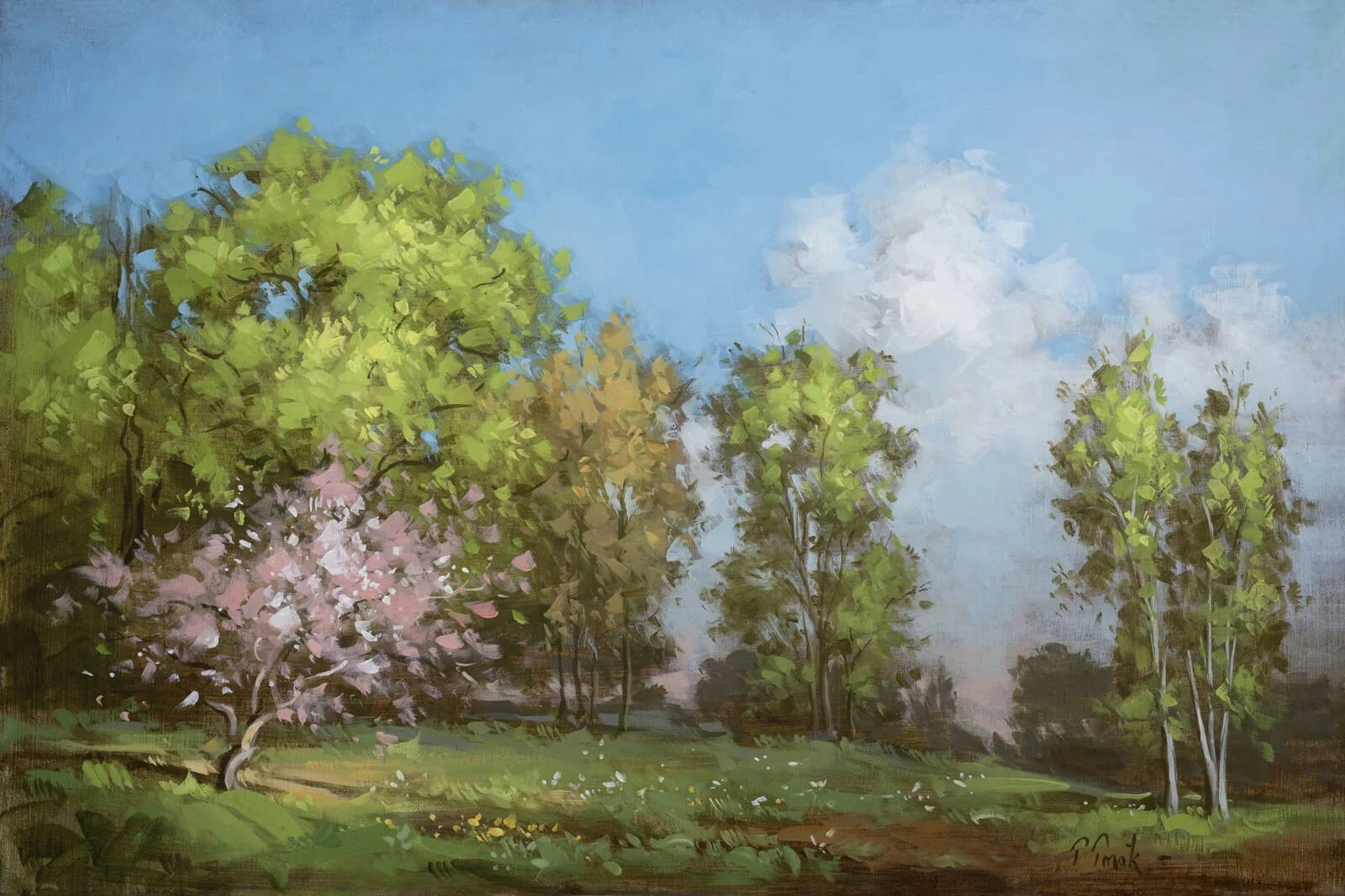 "Spring Landscape with Apple Blossoms" by Thomas Torak, 16" x 24", oil on linen