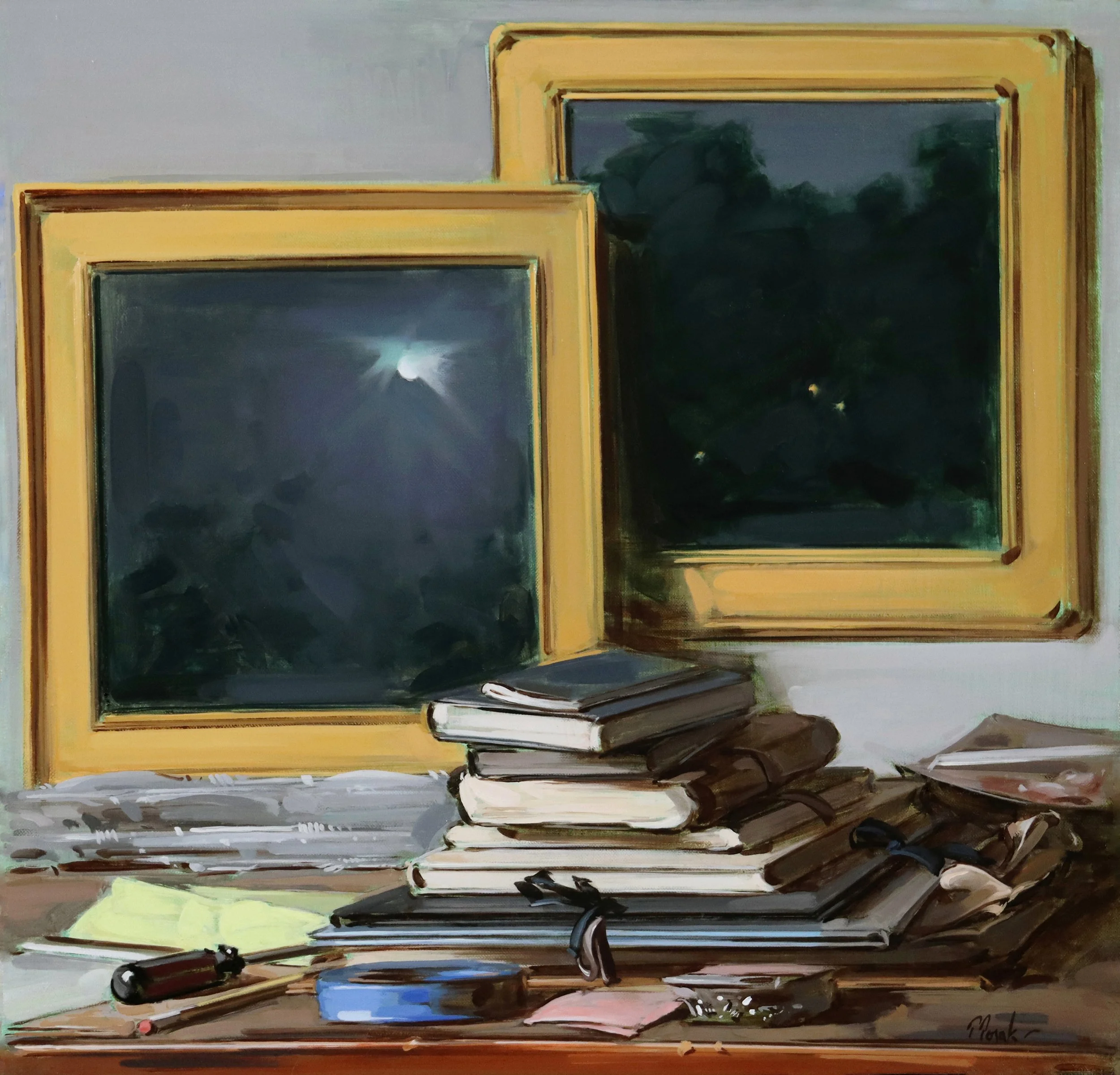 "Sketchbooks and Nocturnes" by Thomas Torak, 24" x 25", Oil on Linen