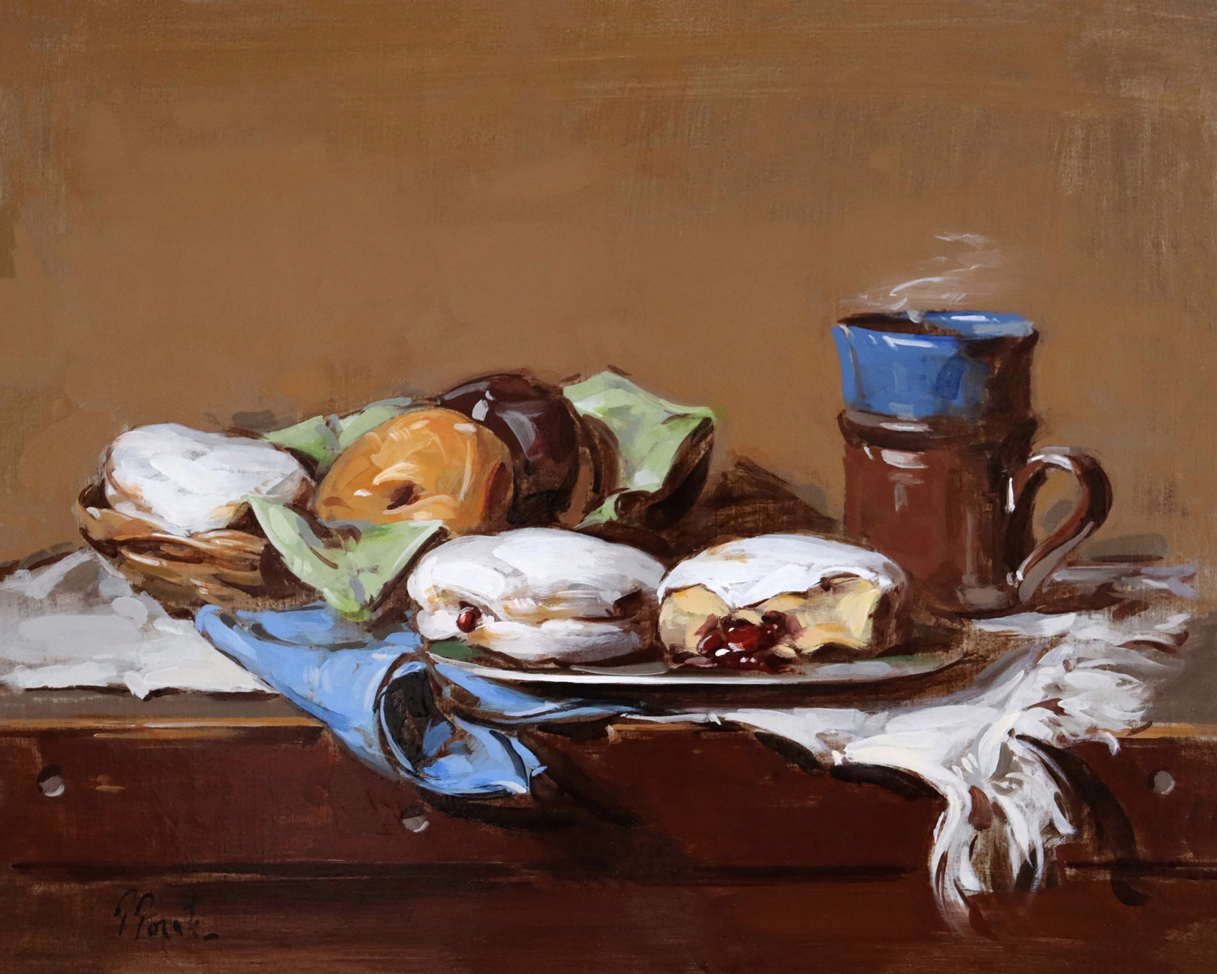 "Donuts and Coffee" by Thomas Torak, 16" x 20", Oil on Linen