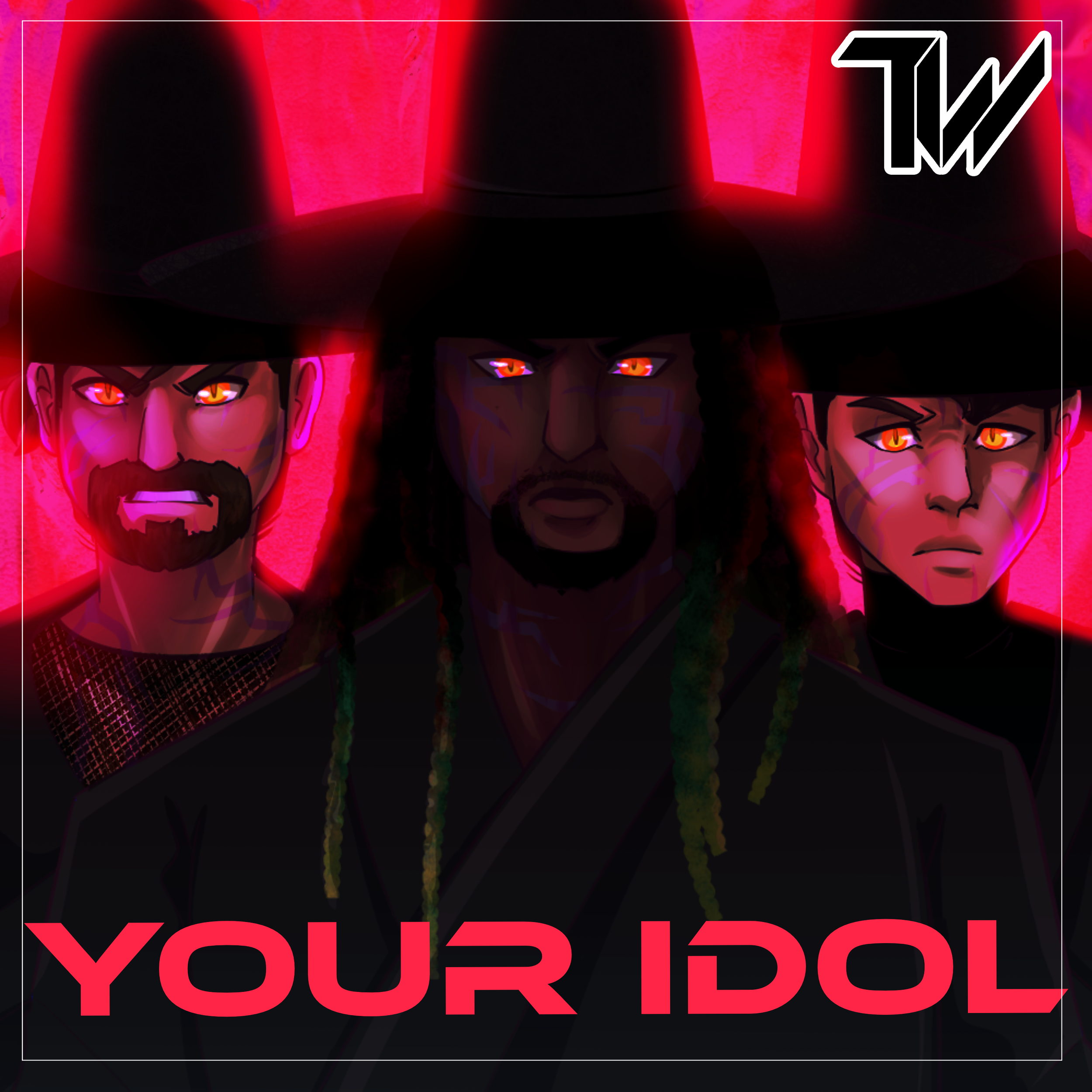 Three animated characters with glowing orange eyes, wearing large black hats, standing in front of a pink neon-lit background. The text 'YOUR IDOL' is displayed at the bottom and a stylized logo in the top right corner.