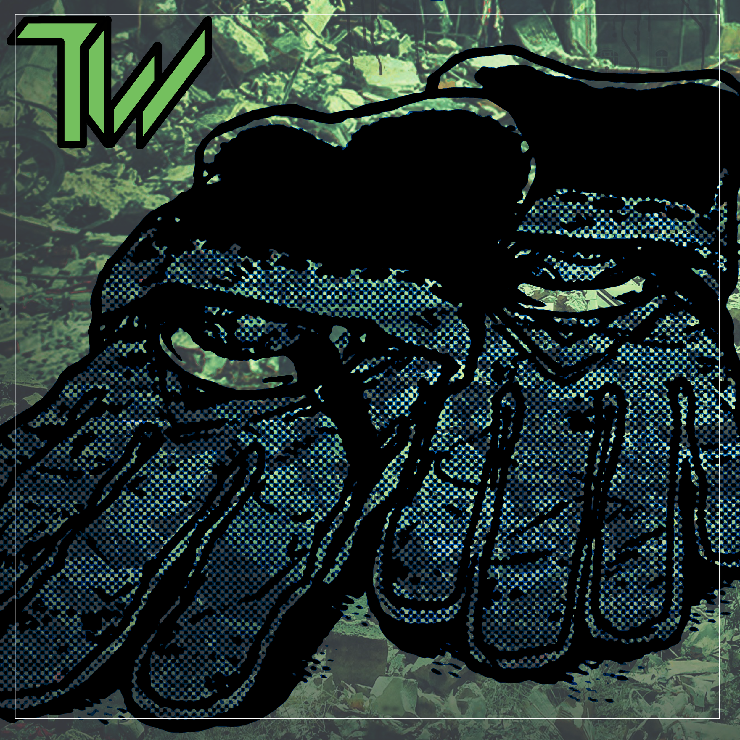 A digitally edited image of a hand holding a bunch of bananas with a textured overlay, set against a background of green foliage.