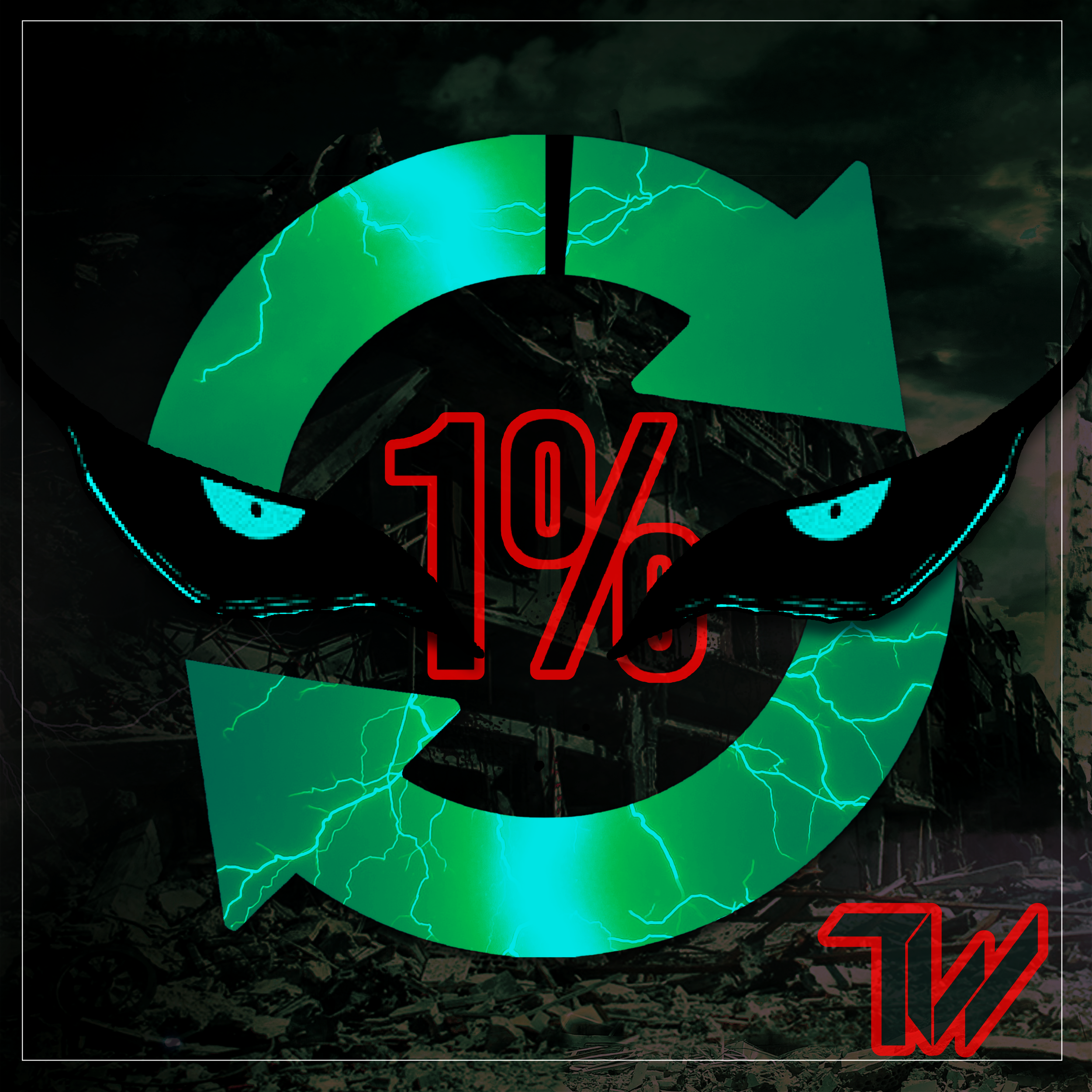 A recycling symbol with an angry face, illuminated in green and blue lightning effects, over a dark background of destruction, with red text displaying '10%' in the center and a red 'TW' logo in the bottom right corner.