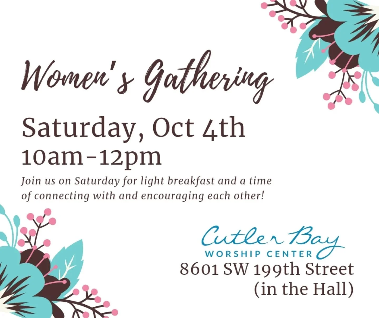 Looking forward to gathering with the amazing women in our community on Saturday!!! Feel free to bring a friend!! 

Saturday, Oct 4th
10am-12pm