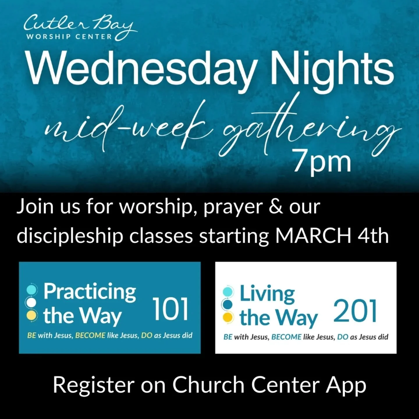 Can't wait to see everyone Wednesday night @ 7pm for our 101 &amp; 201 discipleship classes! If you haven't registered yet you can do so in the Church Center App or at the link below. 

Register here: https://clr.cm/kJPR