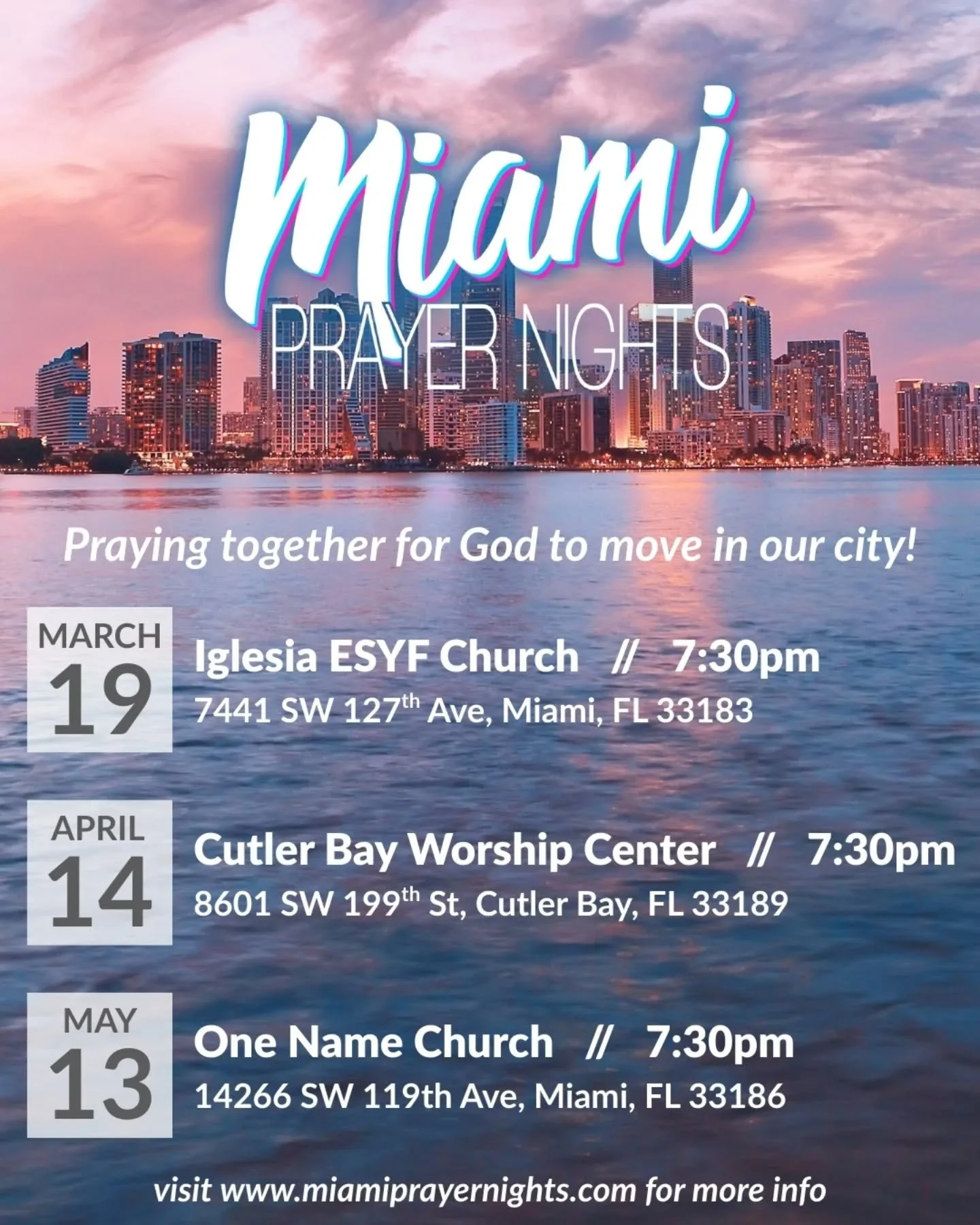 Join us for the next Miami Prayer Nights happening on March 19th @ @esyfchurch  As we agree together as one church across Miami for God's kingdom to come and His will to be done!
