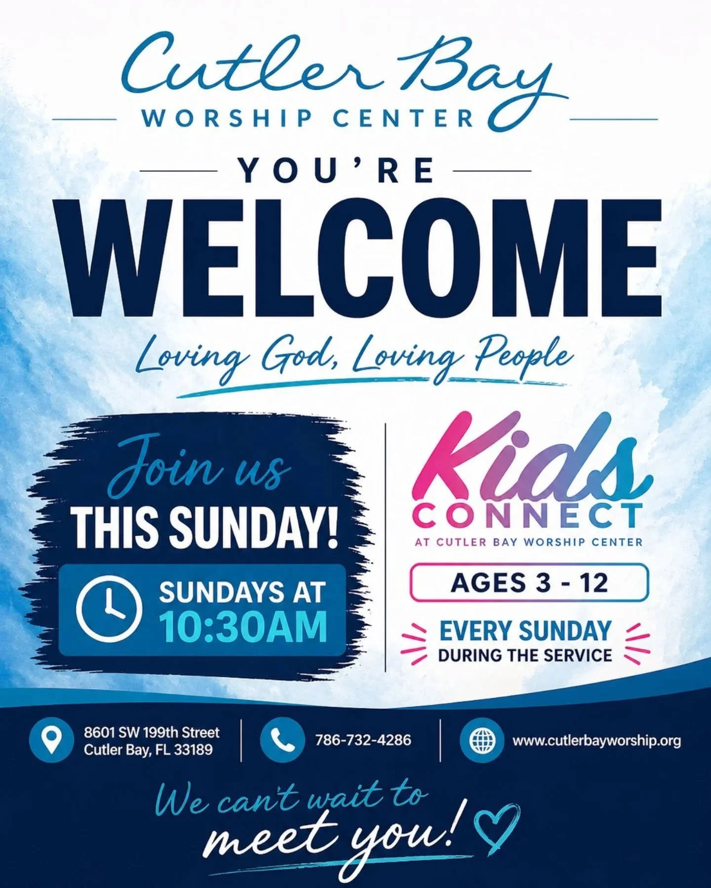 You&rsquo;re invited! 🙌

Join us this Sunday at Cutler Bay Worship Center for a powerful time of worship, connection, and encouragement.

✨ Loving God. Loving People.
🕥 Sundays at 10:30AM
👧 KidsConnect (Ages 3&ndash;12) available during service

?
