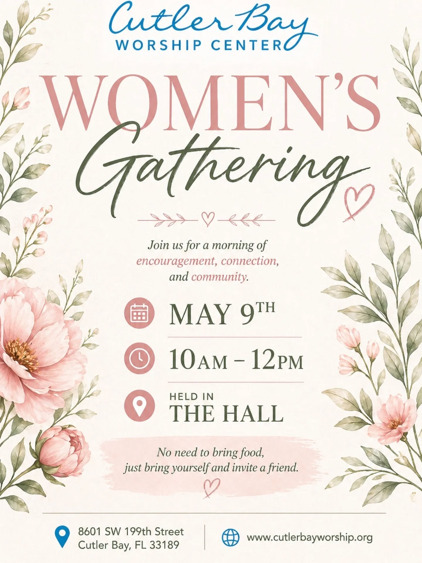 Join us Saturday for a special Women's Gathering!! No need to bring any food, a full breakfast is being made for all the ladies courtesy of Pastor Rob.