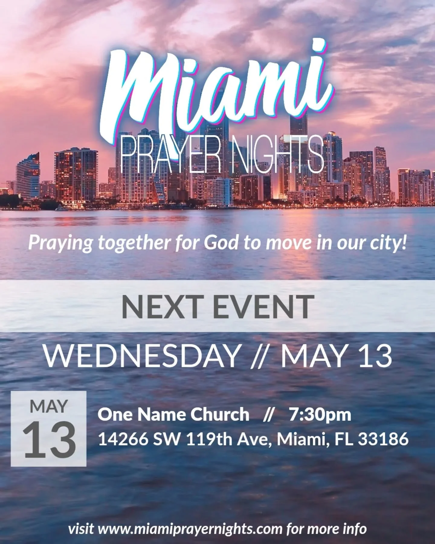 Come pray with us tonight at 7:30pm at  @onenamechurch for Miami Prayer Nights.  Our churches have been coming together to believe for God to do incredible things in our communities, families, schools, churches &amp; our city!  These nights have been