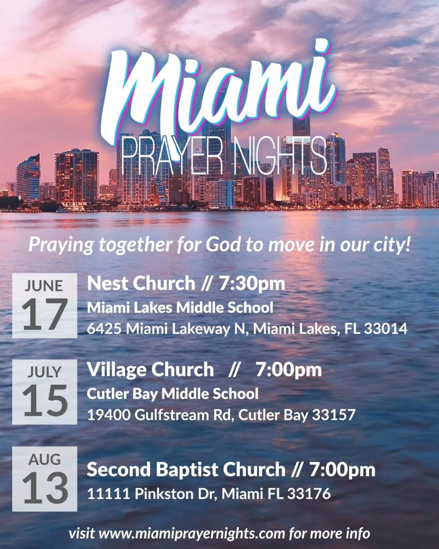 Next week, June 17th, we will be joining Nest Church in Miami Lakes for Miami Prayer Night at 7:30pm! Cant wait! 

That means our local mid week gathering will not be in our building but we will all join the churches in Miami.  Many of us will car po