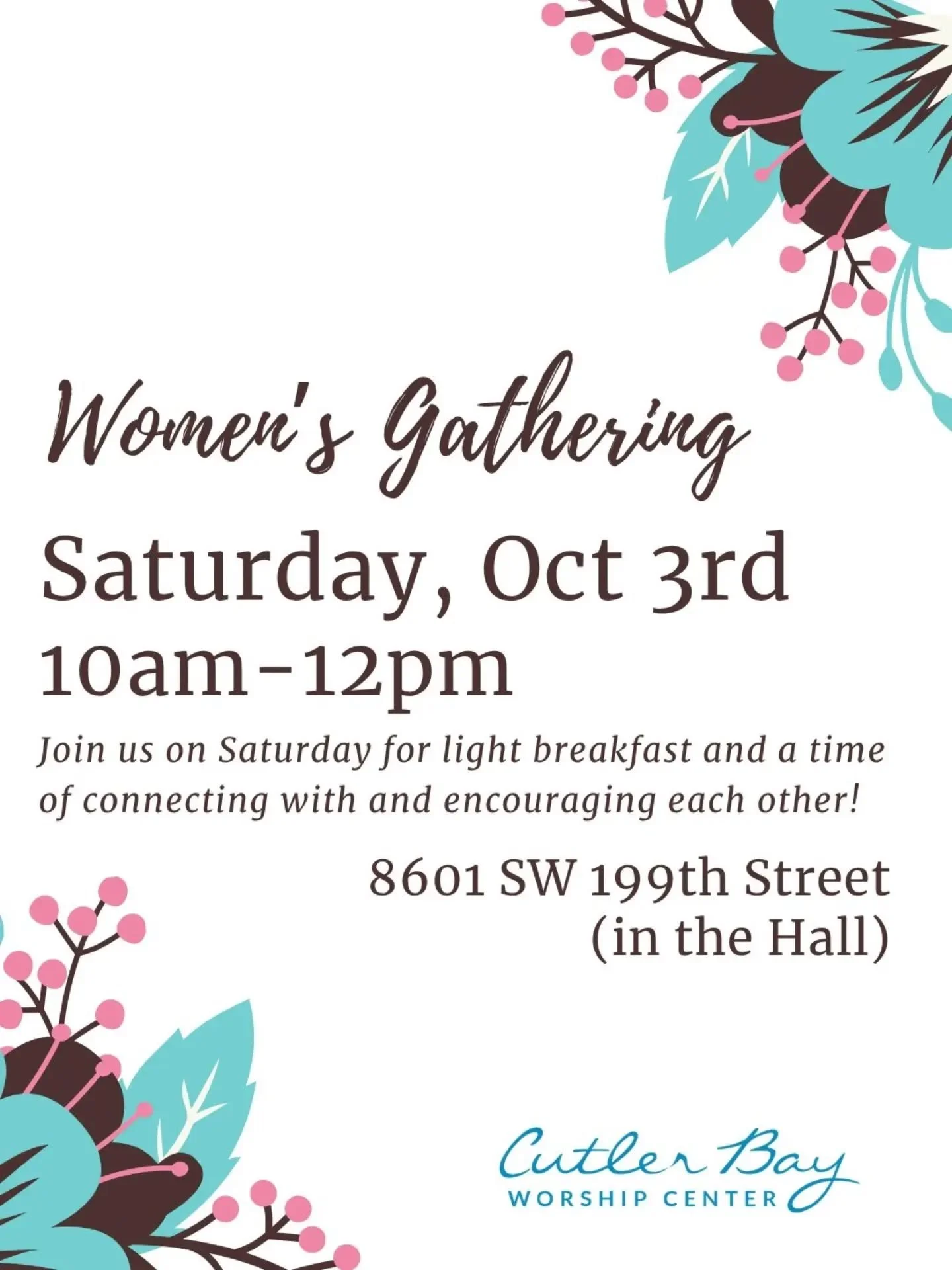 Join our ladies on Saturday, Oct 3rd in the Hall from 10am-12pm for our Women's Gathering!!!! 

#womensgathering #cbwcFamily #CutlerBayWorshipCenter