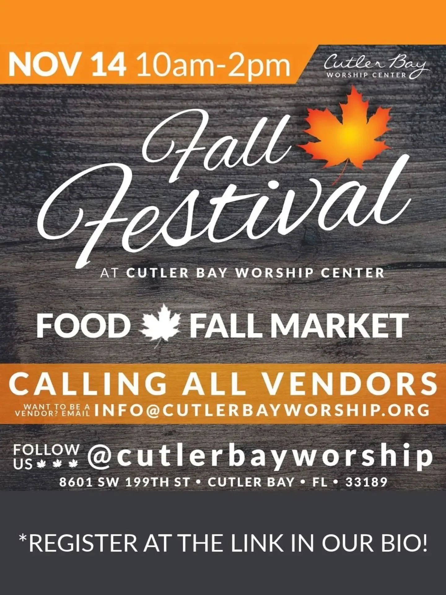 🍁 Save the date! Our Fall Festival is coming to Cutler Bay Worship Center!

 🍁 Sat. Nov. 14 - 10am&ndash;2pm
📍 8601 SW 199th Street, Cutler Bay, FL 33189

Join us for a fun-filled day featuring delicious food, local vendors, a fall market, and ple