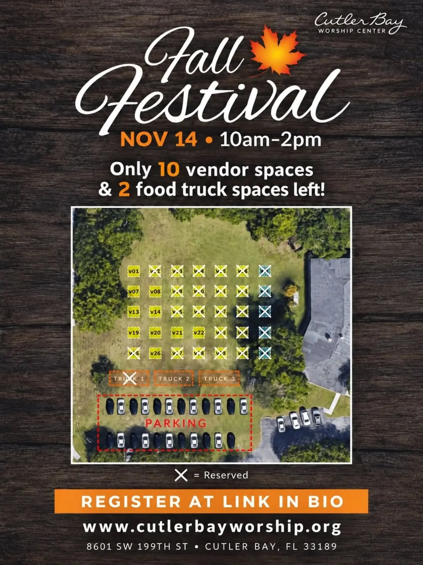 🍂 Calling all vendors and food trucks! We have just 10 vendor spaces and 2 food truck spaces left for our Fall Festival!

Come showcase your business, connect with our community, and be part of a fun fall day at Cutler Bay Worship Center.

📅 Novemb