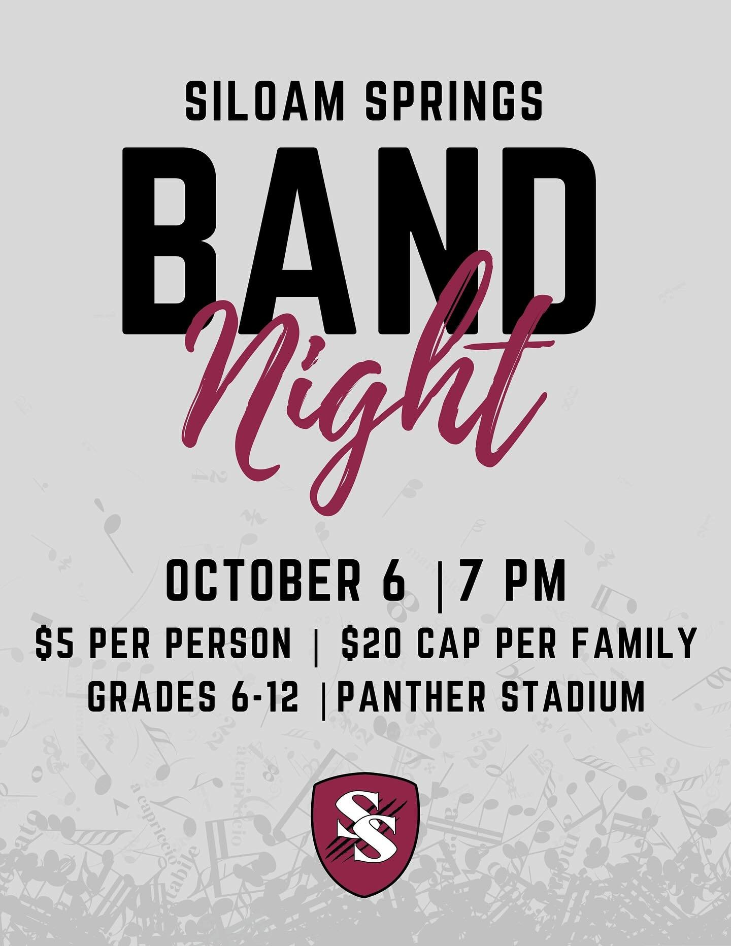 🎶 BAND NIGHT 2025 🎶

The biggest night of the year is almost here! ALL BAND STUDENTS, grades 6&ndash;12, will come together for one unforgettable evening of music in Panther Stadium.

🎟️ Tickets: $5 per person (family max of $20).
✨ Performers ent