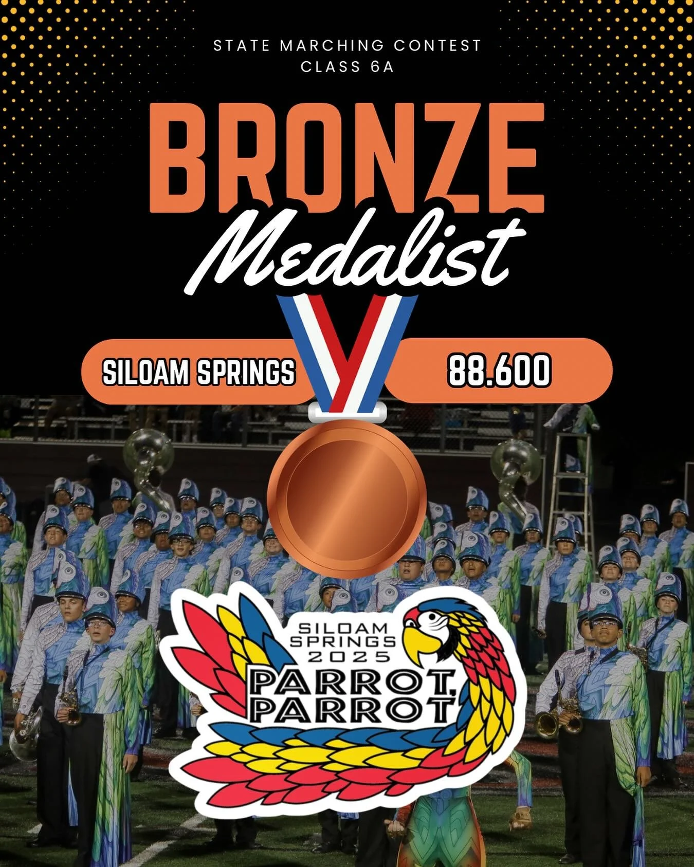 🥉 BRONZE MEDALISTS! 🥉

What an incredible finish to our season! The Siloam Springs Band earned the Bronze Medal in Class 6A at the State Marching Contest with a score of 88.600!

We couldn&rsquo;t be more proud of our students for their hard work, 